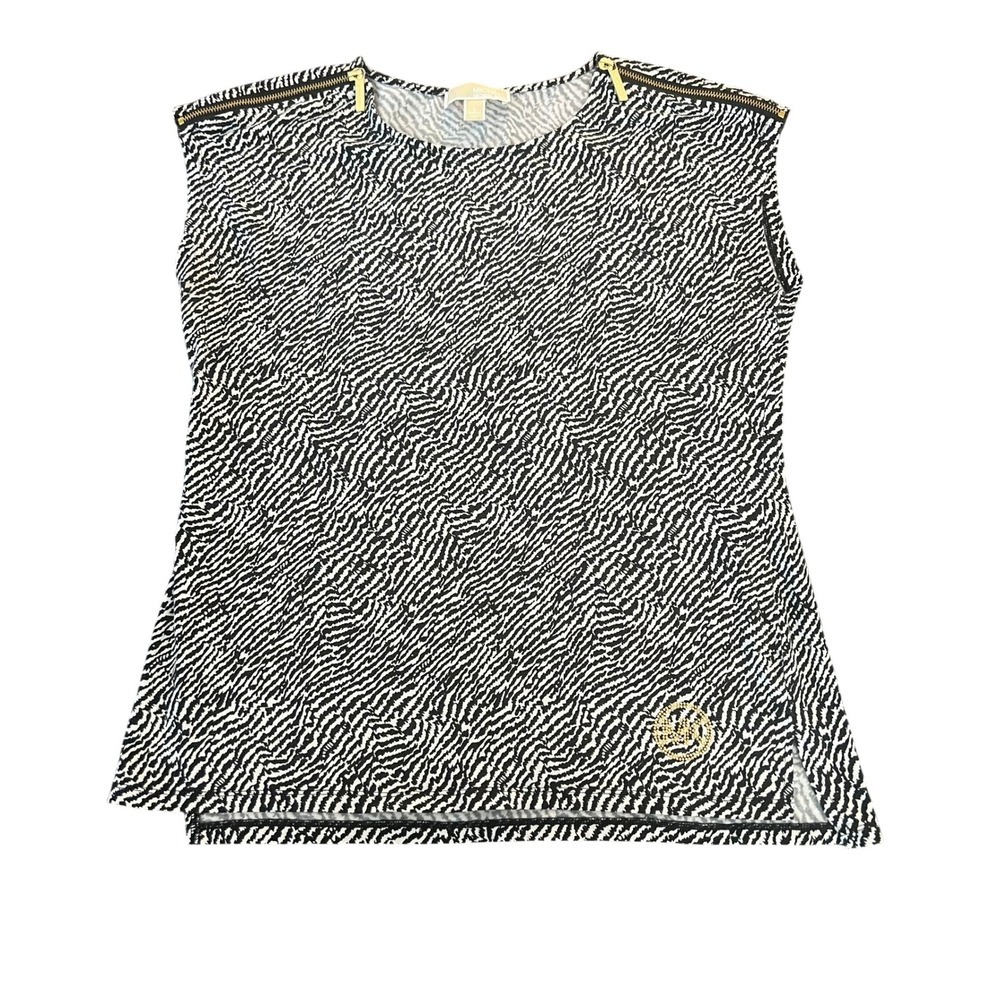 Michael Kors Zebra Print Sleeveless Top Gold Zip Shoulder Studded Logo L (1189)
